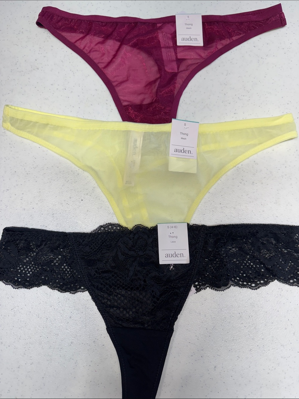 Small-Auden Women's Sheer & Lace Thong Pack - Berry, Yellow, Black